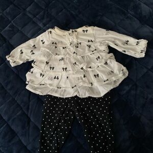 White Ruffled Top and Black Polka Dot Leggings Set